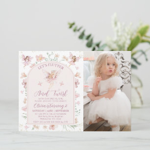 Photo Rosa Blommigt Fairy Flutter Twirl Birthday Inbjudningar