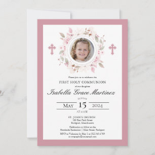 Photo Rosa Blommigt Kor First Heliga Communion Inbjudningar