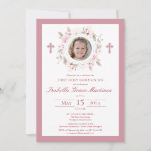 Photo Rosa Blommigt Kor First Heliga Communion Inbjudningar