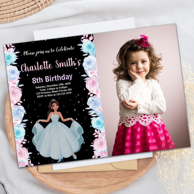 Photo Rosa Blommigt Princess Birthday Bjud Inbjudningar (Photo Pink Floral Princess Birthday Invitations)