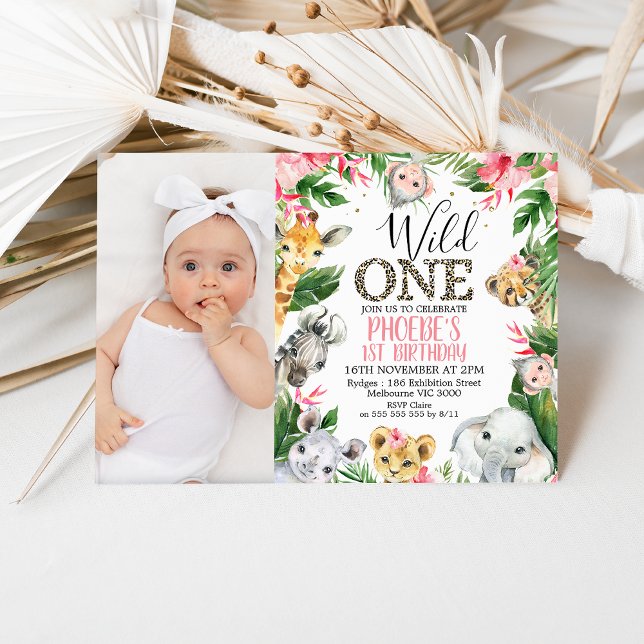 Photo Rosa Blommigt Safari Vild En födelsedag Inbjudningar (Girls Wild One Safari 1st Birthday Invitation Pink Floral Foliage, Cheetah Print, Wild One Invite)