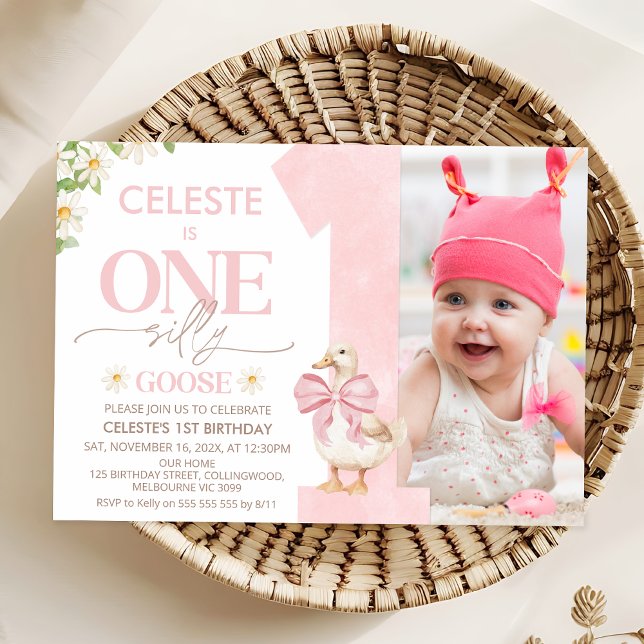 Photo Rosa Bow Daisy Ett Fånig går över 1:a födels Inbjudningar (Photo One Silly Goose Birthday Invitation Template One Silly Goose Birthday Invitation Template )