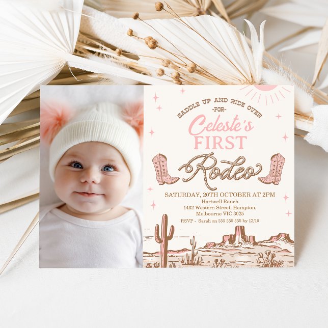 Photo Rosa Brown Cowgirl First Rodeo 1:a födelseda Inbjudningar (Girls First Rodeo Birthday Invitation Template, Photo Pink Brown Rodeo Birthday Invitation, Any Age)
