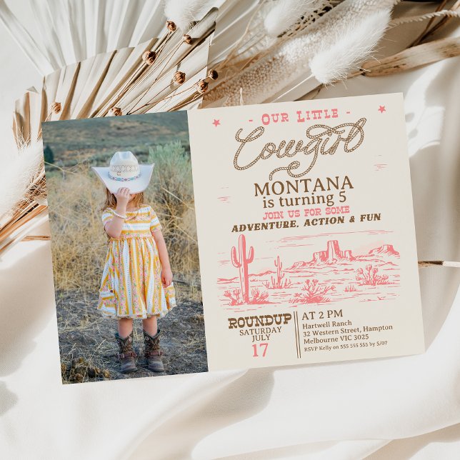 Photo Rosa Brown Western Desert Cowgirl Birthday Inbjudningar (Cowgirl Birthday Invitation Girl, Rustic Western Desert, Pink Cowgirl Birthday Invite, Any Age, )