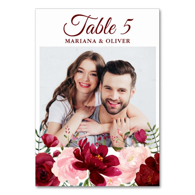 Photo Rosa Burgundy Blommigt Bröllop Bordsnummer (Framsidan)