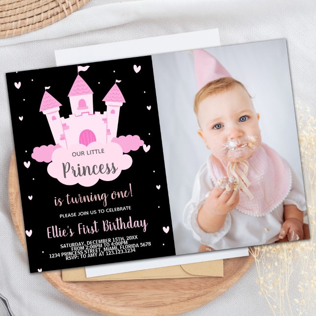 Photo Rosa Castle under Cloud Princess Birthday Inbjudningar (Photo Pink Castle under Cloud Princess Birthday Invitation)