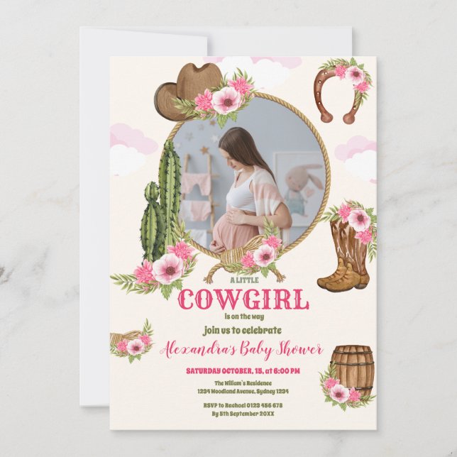 Photo Rosa Cowgirl Western Baby Shower Inbjudningar (Framsida)