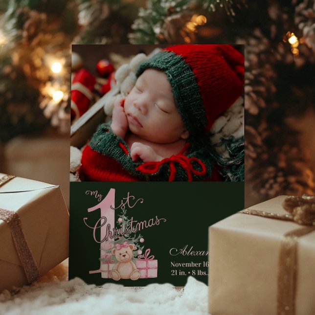 Photo Rosa Grönt Baby Första jul Julkort (Skapare uppladdad)