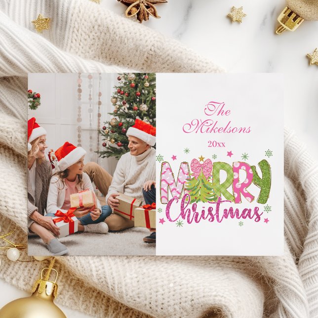 Photo Rosa Grönt Bow Träd God jul Julkort (Skapare uppladdad)