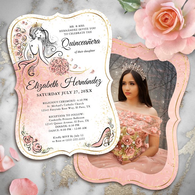 Photo Rosa och Guld Princess Quinceanera Birthday Inbjudningar (Easily upload your own photo to the back, or use the space for extra event details.)