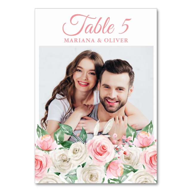 Photo Rosa Peach Blommigt Bröllop Bordsnummer (Framsidan)