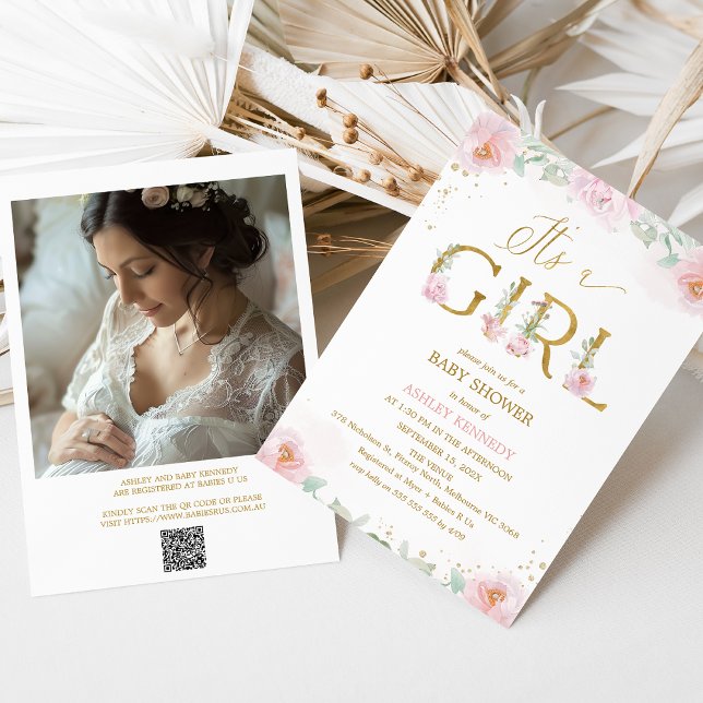 Photo Rosa Peonies Det är en flicka Baby Shower Inbjudningar (Floral It's a Girl baby Shower Invitation Template, Pink Peonies Baby Shower Invitation Girl QR Code)