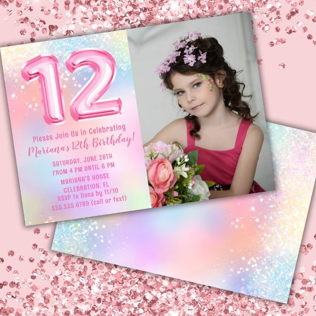 Photo Rosa Rainbow 12:e Birthday Inbjudningar (Skapare uppladdad)