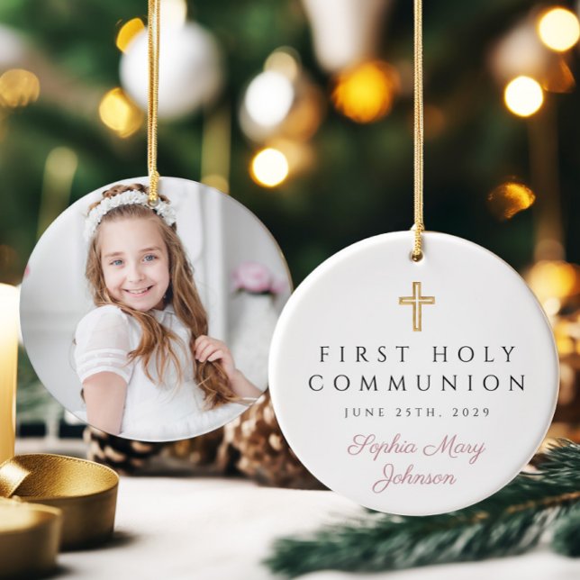 Photo Rosa Religiösa Kor Girl First Communion Julgransprydnad Keramik (Photo Pink Religious Cross Girl First Communion Ceramic Ornament)
