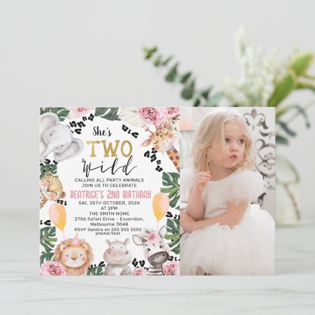 Photo Rosa ros Safari Två Vilder på födelsedagen Inbjudningar (Stående Fram)