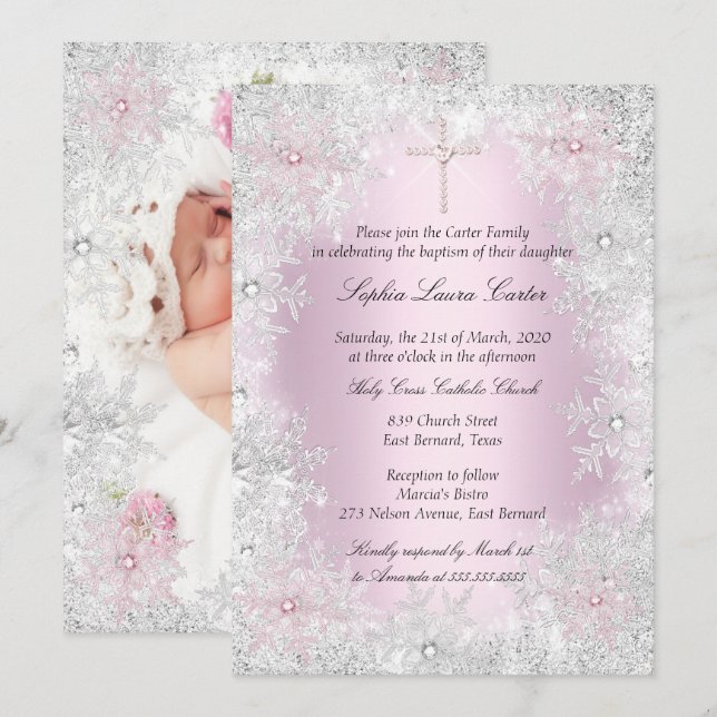 Photo Rosa Silver Snöflingor Girl Girl Baptism Kor Inbjudningar (Fram/baksida)