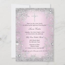 Photo Rosa Silver Snowflake Baptism/Christening Inbjudningar