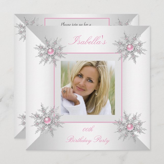 Photo Rosa Snöflingor Winter Wonderland Party Inbjudningar (Fram/baksida)