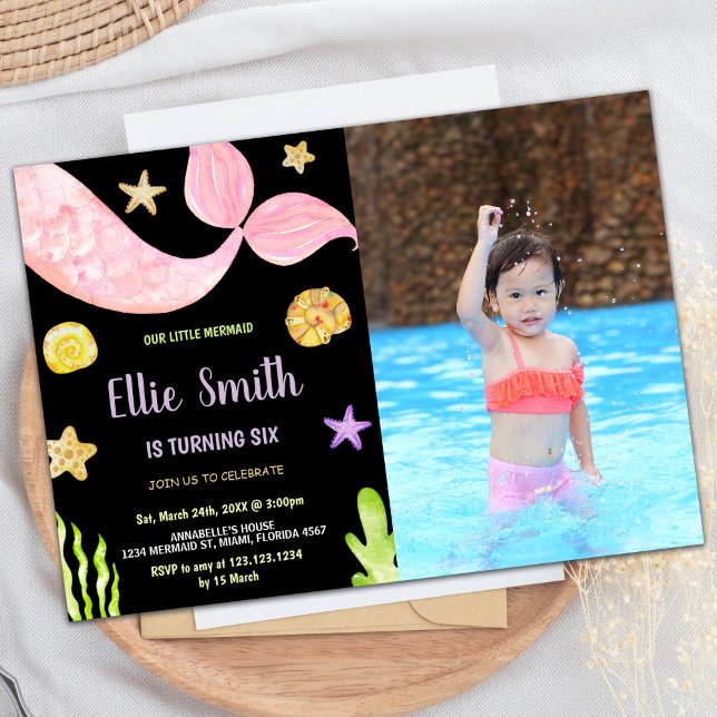 Photo Rosa Svan Little Sjöjungfru Birthday Inbjudningar (Photo Pink Tail Little Mermaid Birthday Invitation)
