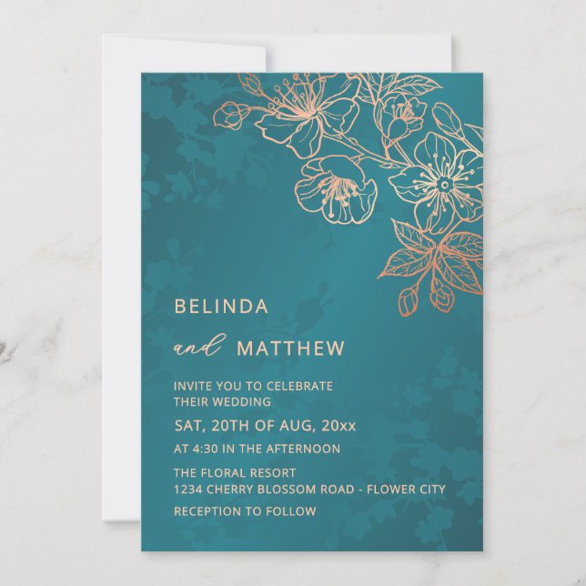 Photo Rose Gold Teal Wedding Inbjudningar (Framsida)