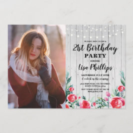 Photo Rustic 21:a Birthday Party Red Blommigt Wood Inbjudningar