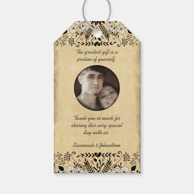 Photo Rustic Blommigt Bröllop Tack Presentetikett (Framsidan)