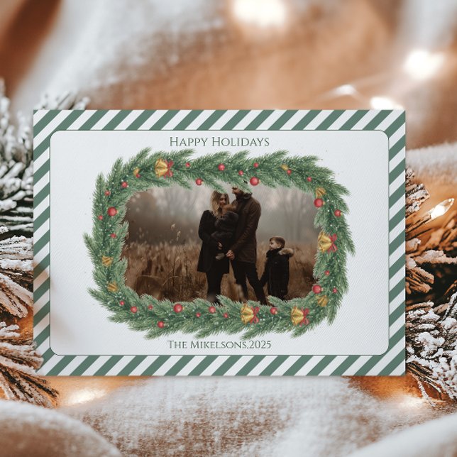 Photo Rustic Evergreen Bell Christmas Julkort (Skapare uppladdad)