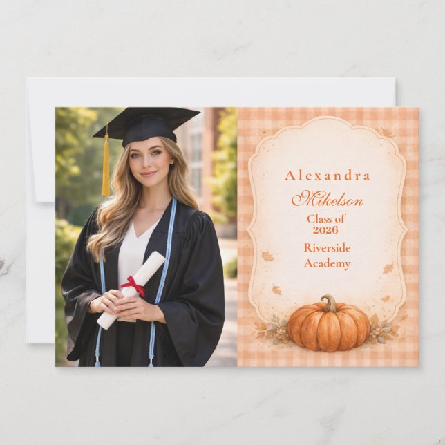 Photo Rustic Gingham Pumpkin Fall Graduation Meddelande (Framsida)