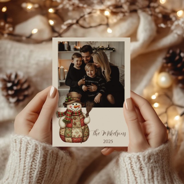Photo Rustic Patchwork Snowman Christmas Julkort (Skapare uppladdad)