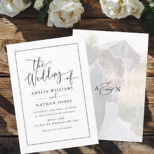 Photo Rustic Script Black White Bröllop Inbjudningar