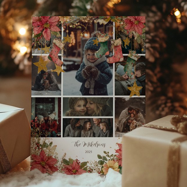 Photo Rustic Stockings och Poinsettias jul Julkort (Skapare uppladdad)