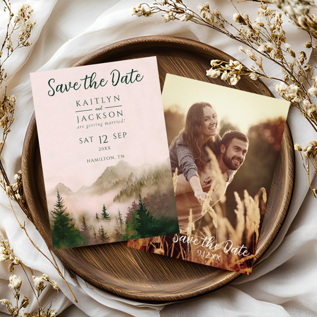 Photo Rustic Watercolor Bröllop spara datum Inbjudningar (Misty Mountain Rustic Photo Watercolor Save the Date Card)