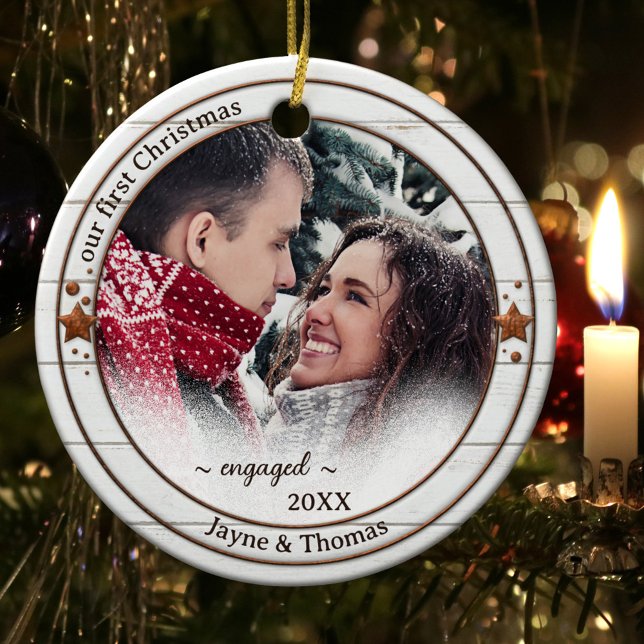 Photo Rustic White Wood Förlovning Ornament (First Christmas together couple Christmas ornament with rustic white wood and stars)