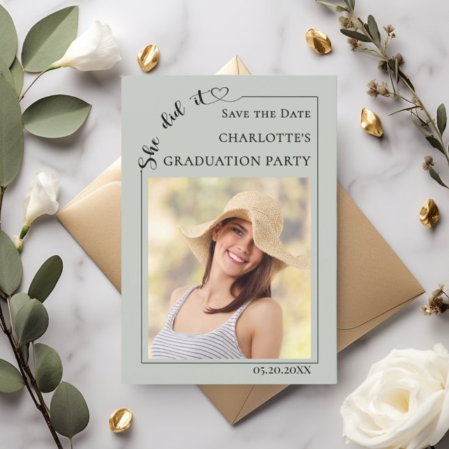 Photo Sage Green Graduation party Save the Date Spara Datumet (Skapare uppladdad)