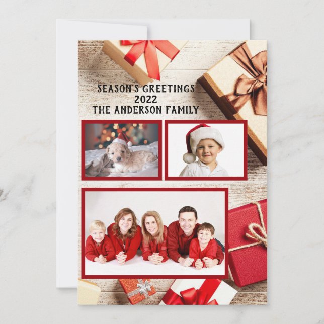 Photo Säsonhälsningars Red Rustic Gift Paket Julkort (Framsida)
