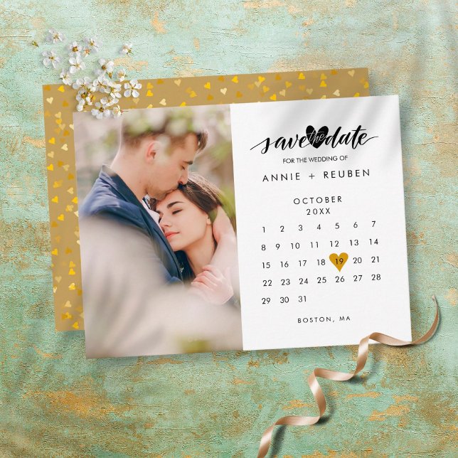 Photo Save the Date Calendar Chic Gold Heart  Vykort (Skapare uppladdad)