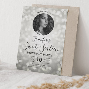 PHOTO Silver Bokeh Ljus Sweet 16 Party Inbjudningar