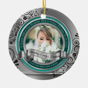 Photo Silver Flourish Elegant Banner Turquoise Julgransprydnad Keramik