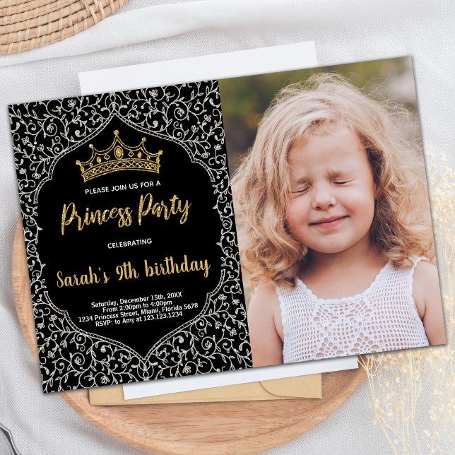 Photo Silver Glitter White Princess Birthday Inbjudningar (Photo Silver Glitter White Princess Birthday Invitation)