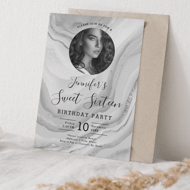 PHOTO Silver Marble Glitter Sweet 16 Party Inbjudningar (PHOTO Silver Marble Glitter Sweet 16 Party Invitation)