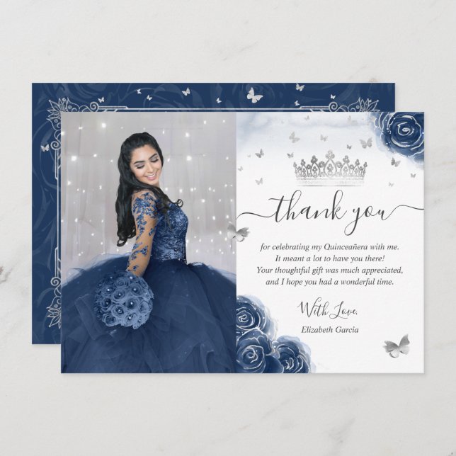 Photo Silver Navy Blue Quinceanera Flat Tack Kort (Fram/baksida)