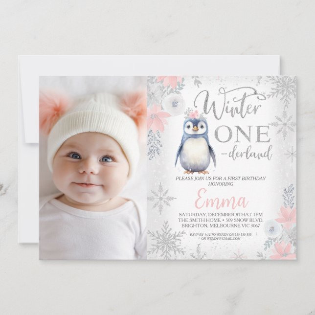 Photo Silver Penguin Winter Onederland Birthday Inbjudningar (Framsida)