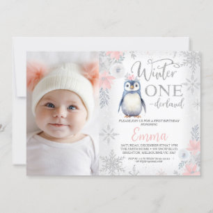 Photo Silver Penguin Winter Onederland Birthday Inbjudningar