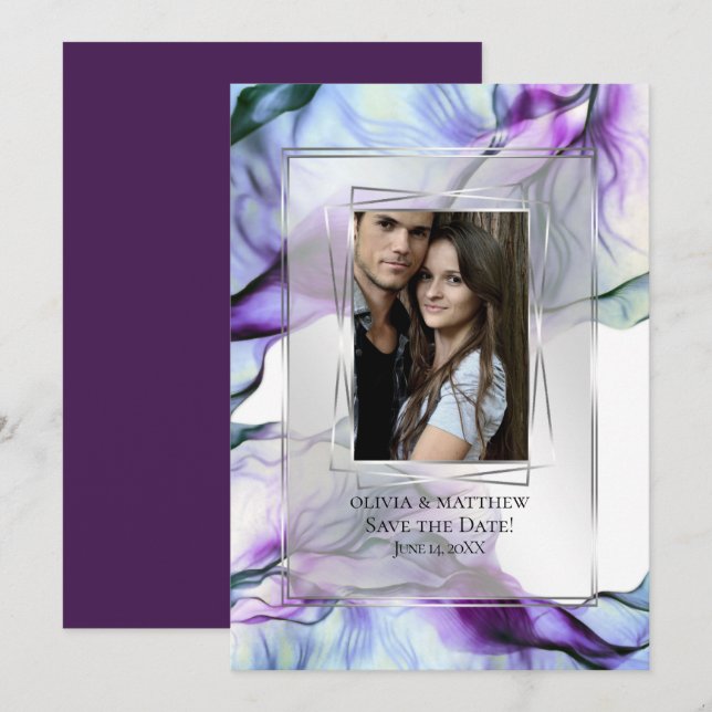 Photo Silver Ram Abstrakt Plum Teal Flowing Bläck Inbjudningar (Fram/baksida)