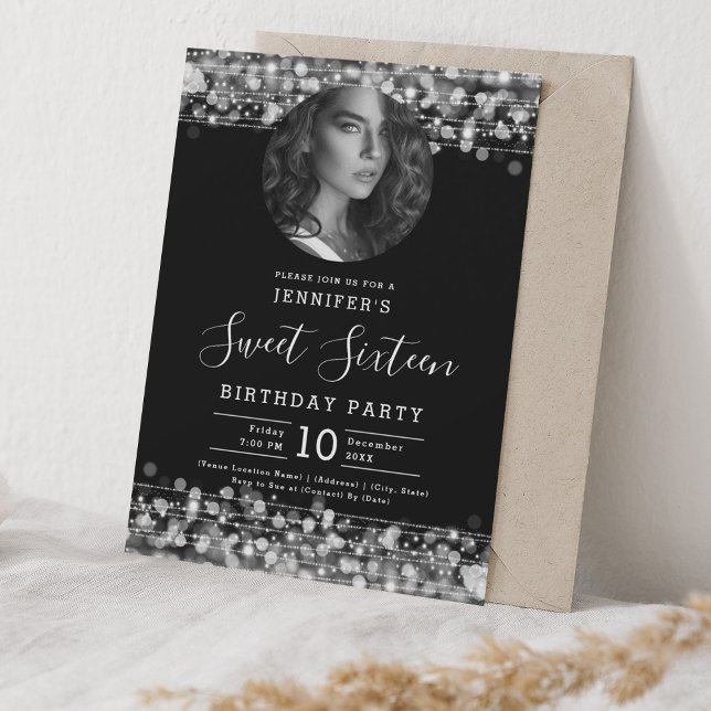 PHOTO Silver Sparkles Sweet 16 Födelsedagsfest Inbjudningar (PHOTO Silver Sparkles Sweet 16 Birthday Party Invitation)