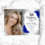 Photo Silver White Royal Blue 50:e födelsedagen Inbjudningar<br><div class="desc">Femininininbjudan till elegantens blommigt på 50 år med ditt foto. Glam-design med faux silver. Innehåller royalet blue ro,  skriptteckensnitt och confietti. Perfekt för en snyggt vuxen under firande party. Anpassa med dina egna detaljer. Kan anpassas för vilken ålder som helst! Skrivna Zazzle-inbjudningar eller digital utskrivbar mall för omedelbar nedladdning.</div>
