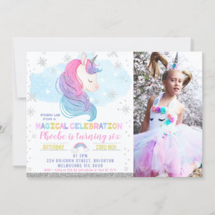 Photo Silver Winter Unicorn Rainbow Birthday Inbjudningar