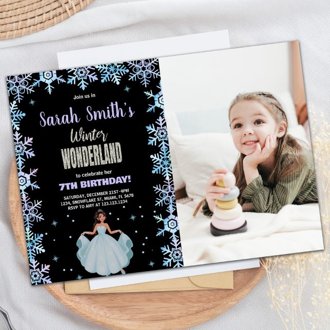 Photo Snö flake Black Winter Wonderland Inbjudningar (Photo Snow flake Black Winter Wonderland Invitation)