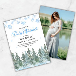Photo Snowflakes Pine Trees Winter Baby Shower Inbjudningar