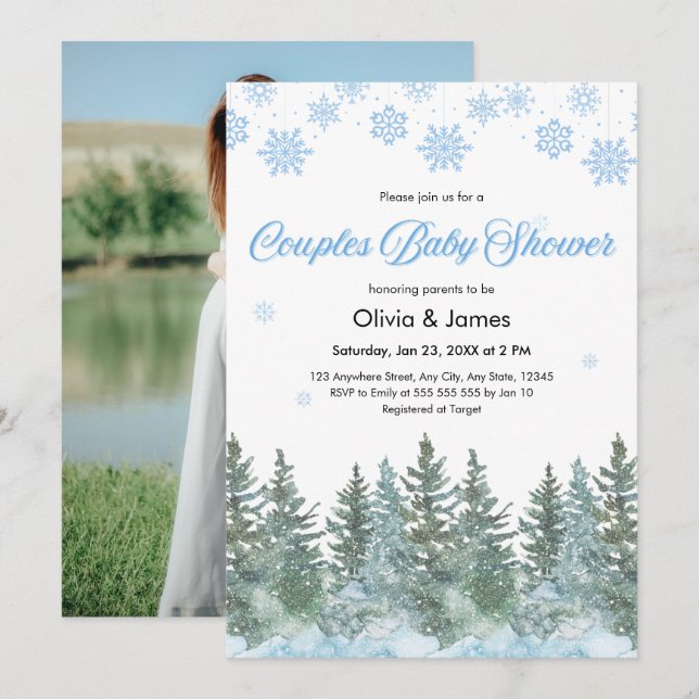 Photo Snowflakes Pine Winter Couples Baby Shower  Inbjudningar (Fram/baksida)